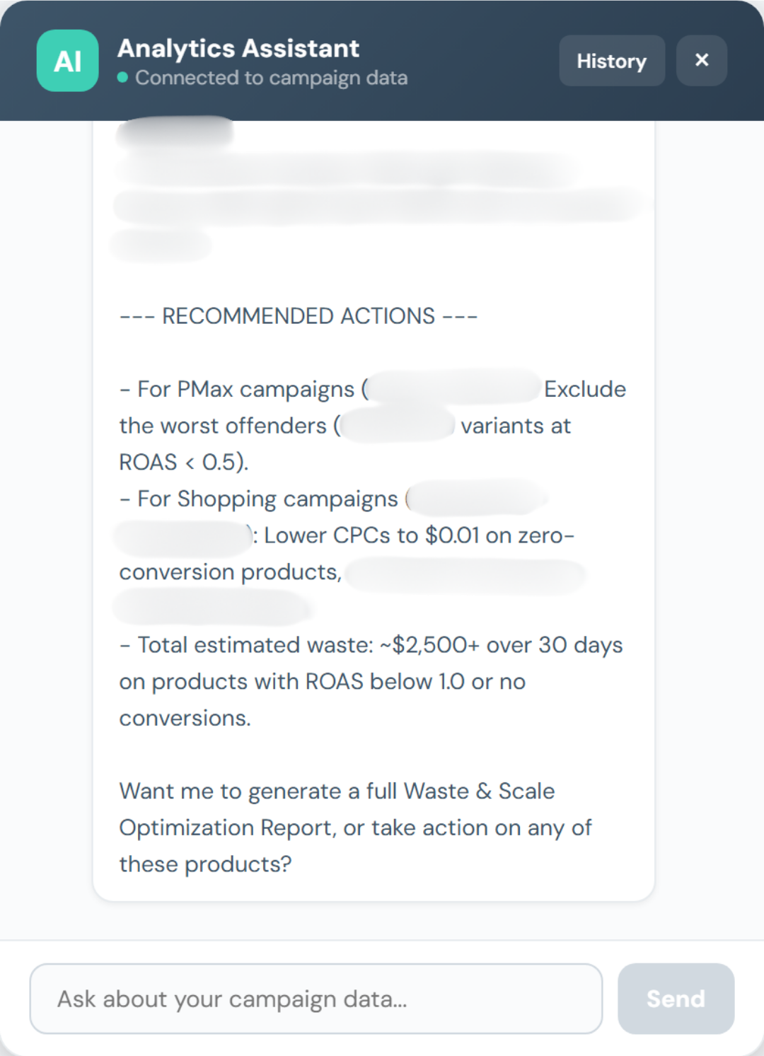 Recommended actions panel showing PMax and Shopping campaign optimisation steps with ROAS thresholds.